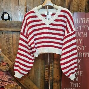 Chic Striped V-Neck Sweater in Red and Cream